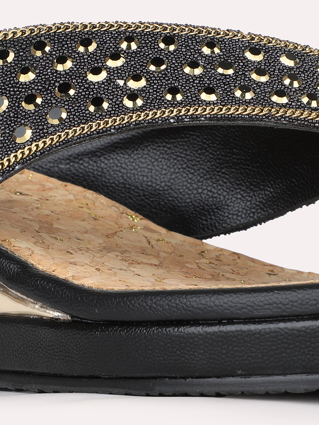 Womens Black Ethnic Embellished Round Toe Wedge Heel Sandals