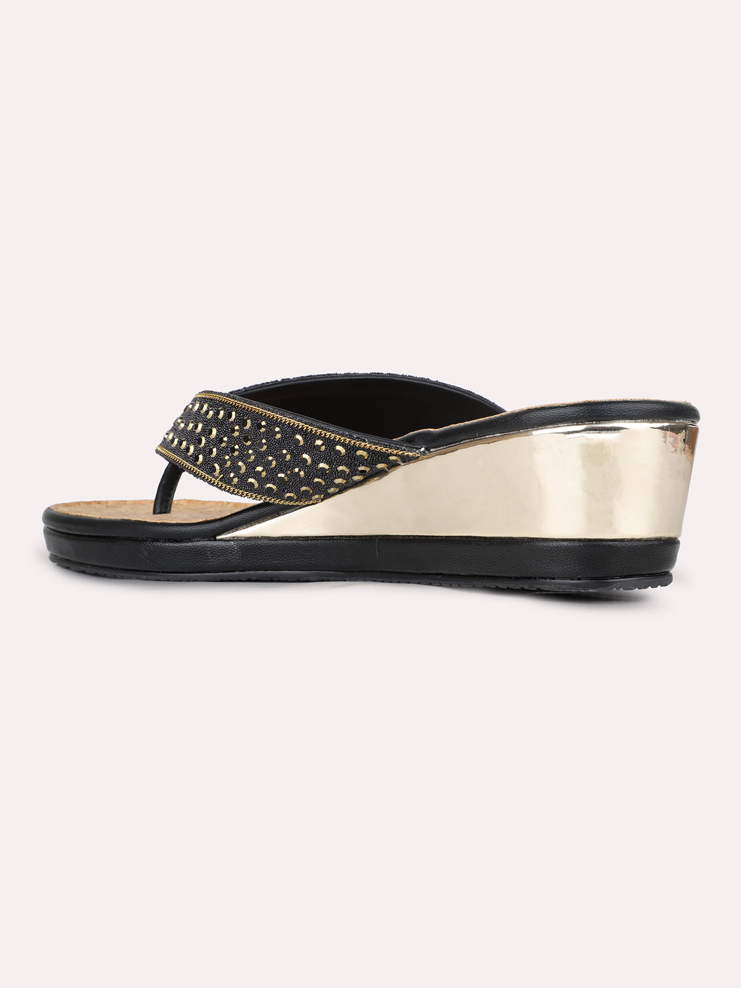 Womens Black Ethnic Embellished Round Toe Wedge Heels
