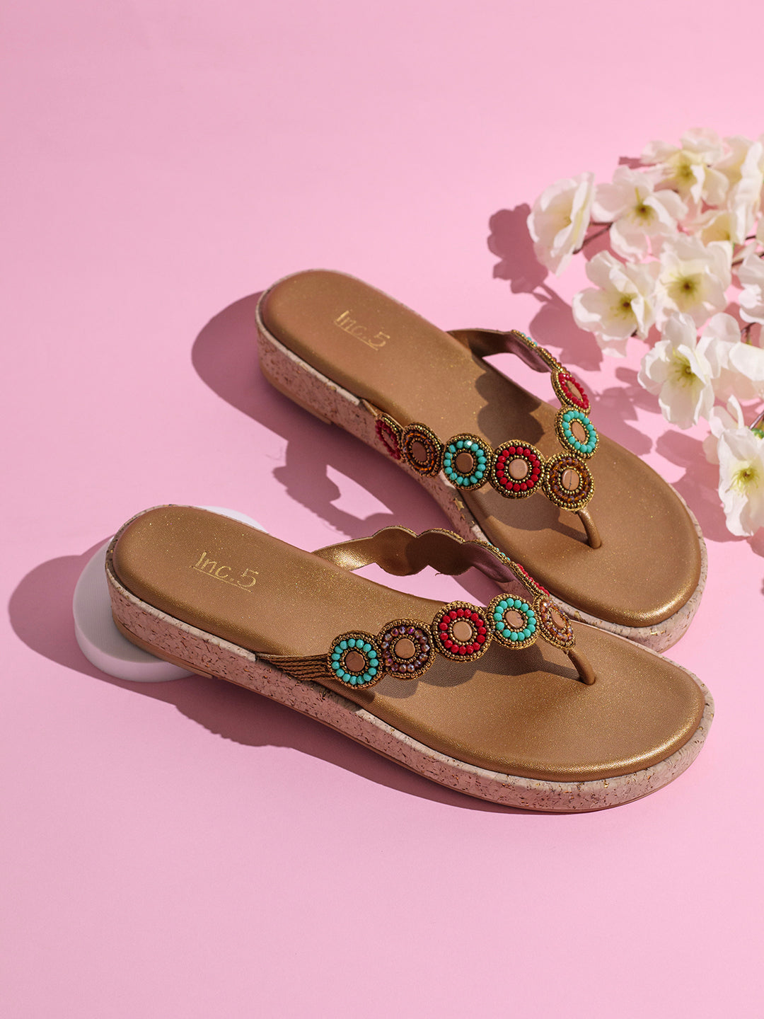 Womens Golden Ethnic Embellished T-Strap Flat Slip-On Sandals