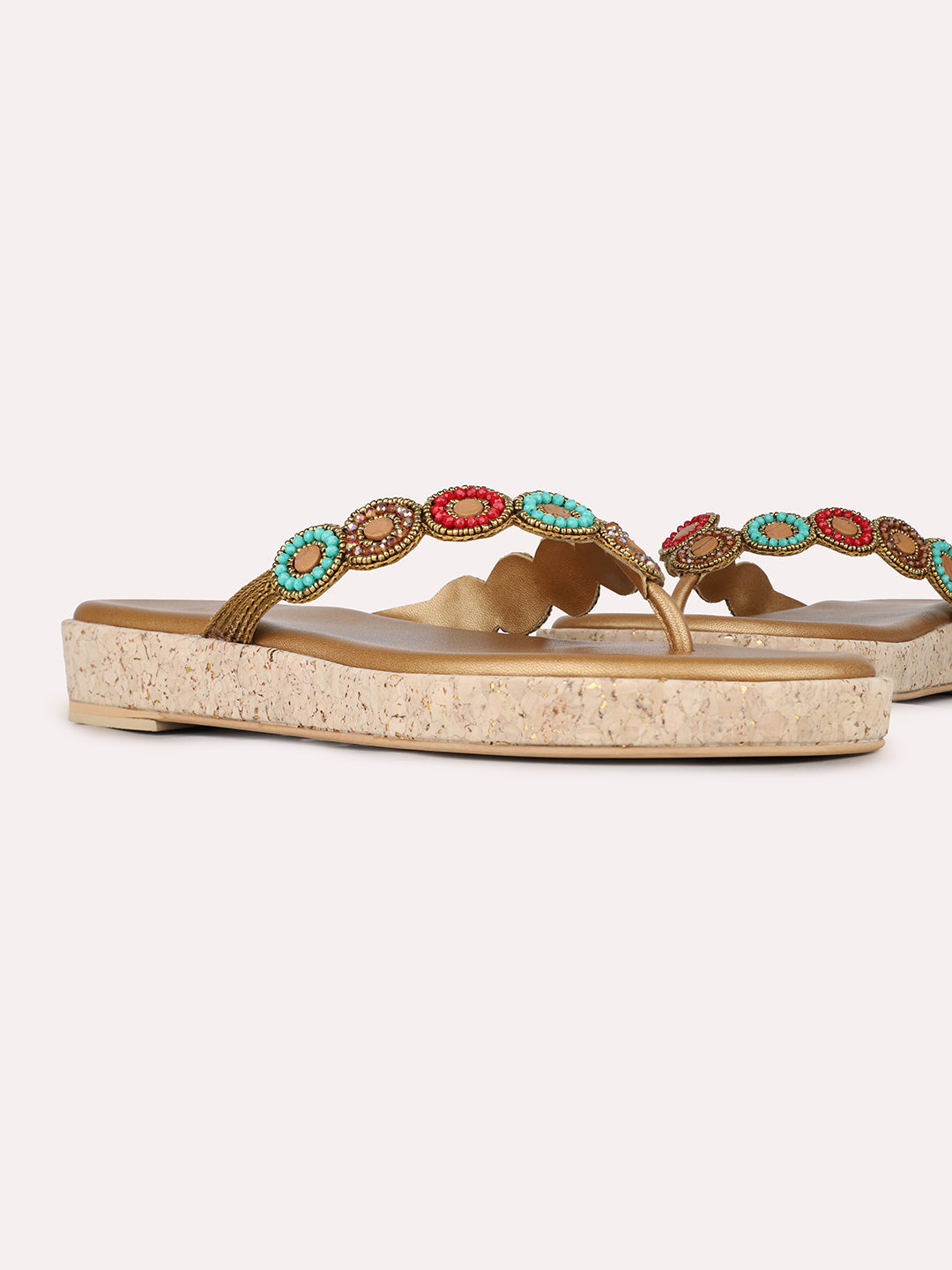 Womens Golden Ethnic Embellished T-Strap Flat Slip-On Sandals