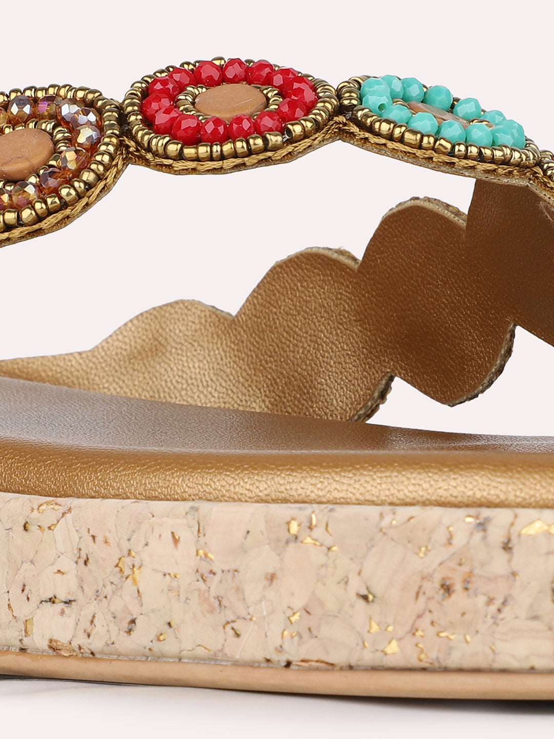 Womens Golden Ethnic Embellished T-Strap Flat Slip-On Sandals