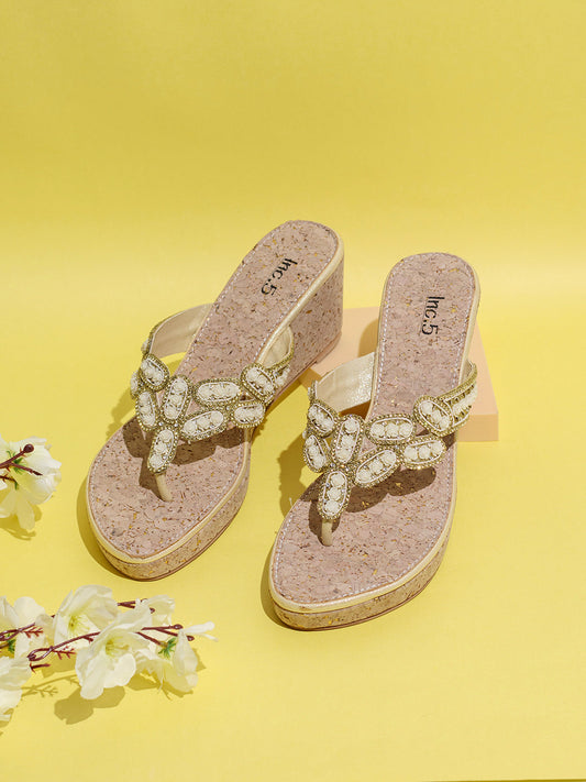 Womens Golden Ethnic Embellished Round Toe Wedge Heels