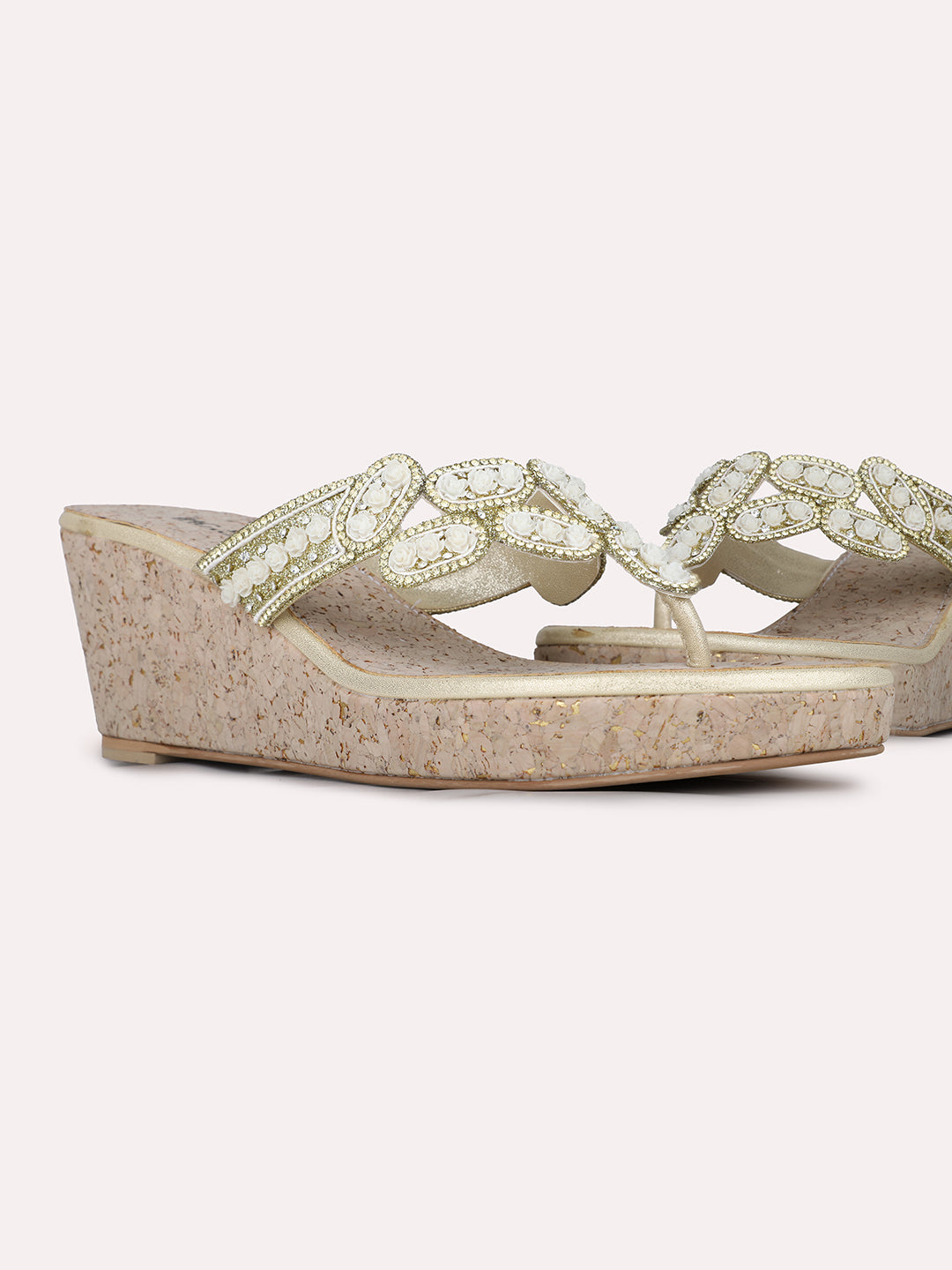 Womens Golden Ethnic Embellished Round Toe Wedge Heel Sandals