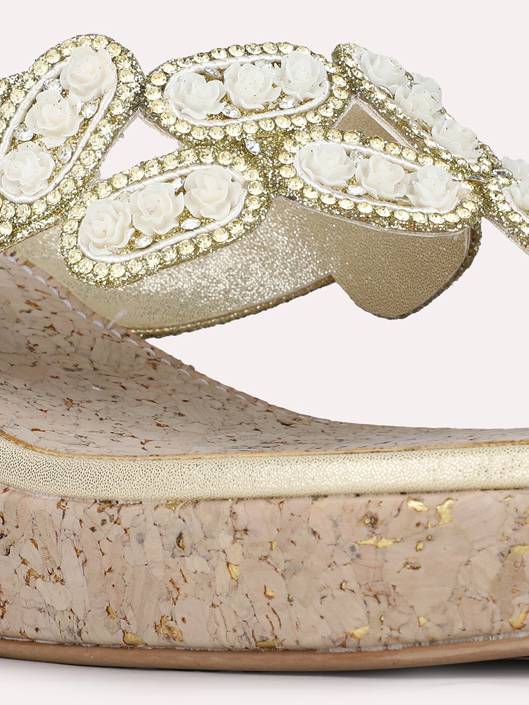 Womens Golden Ethnic Embellished Round Toe Wedge Heels