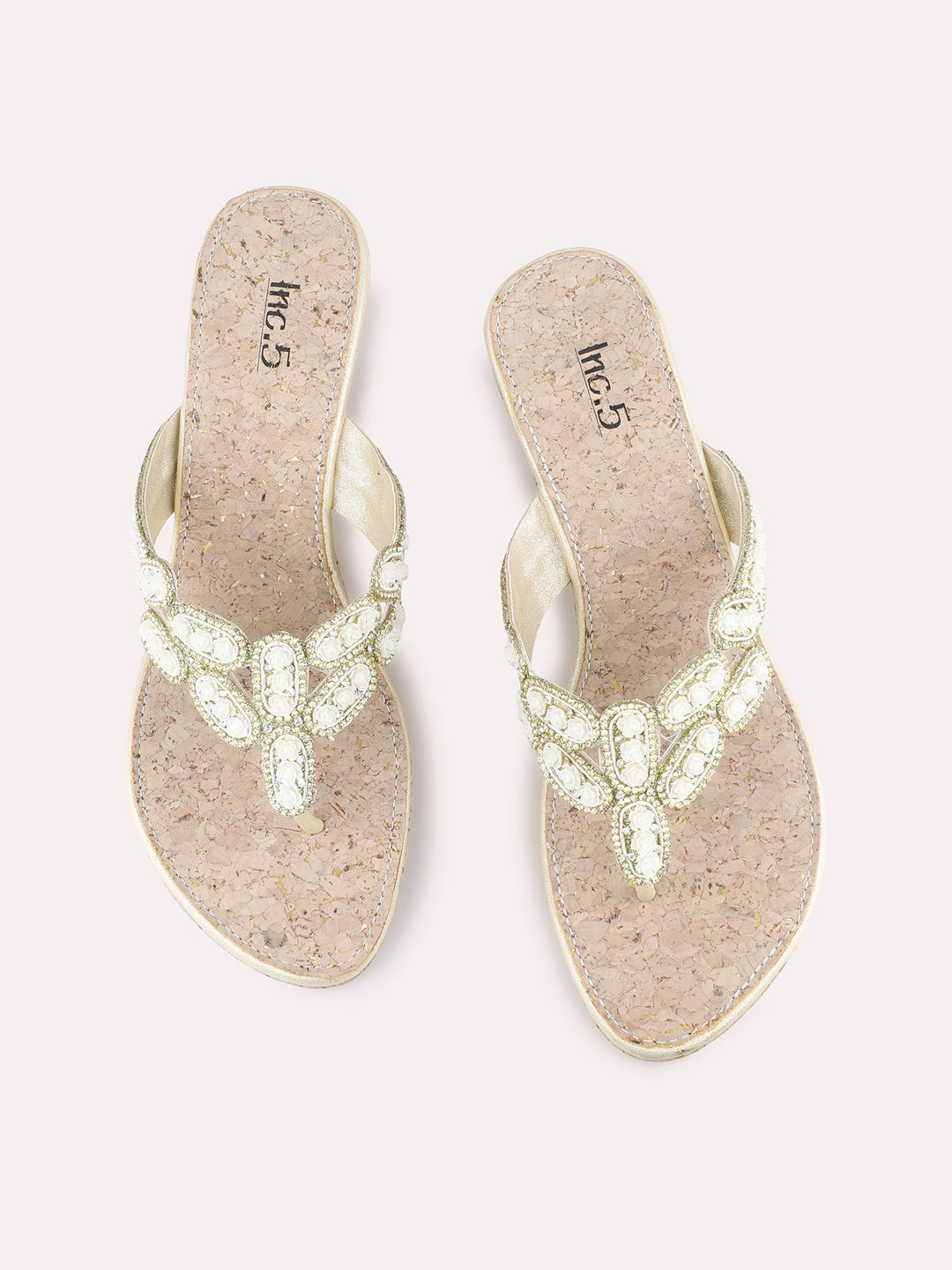 Womens Golden Ethnic Embellished Round Toe Wedge Heels