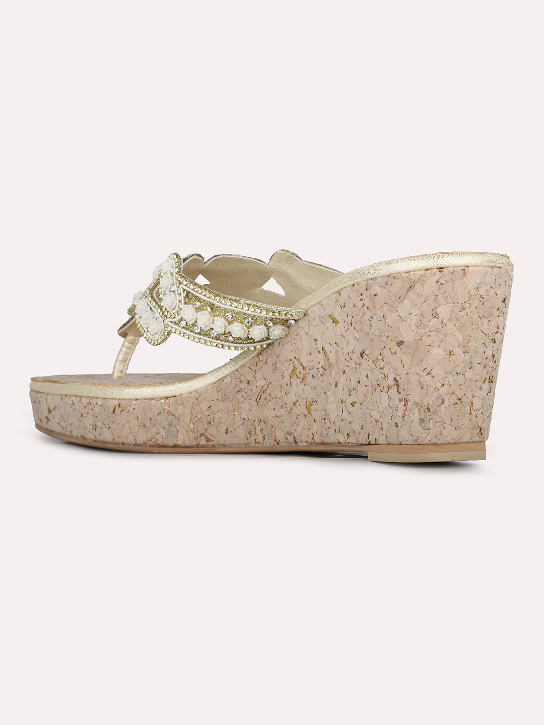 Womens Golden Ethnic Embellished Round Toe Wedge Heels