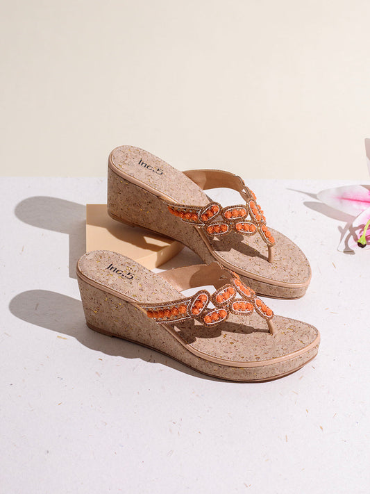 Womens Rose Gold Ethnic Embellished Round Toe Wedge Heel Sandals