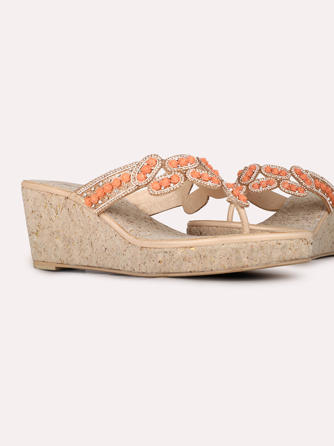 Womens Rose Gold Ethnic Embellished Round Toe Wedge Heel Sandals