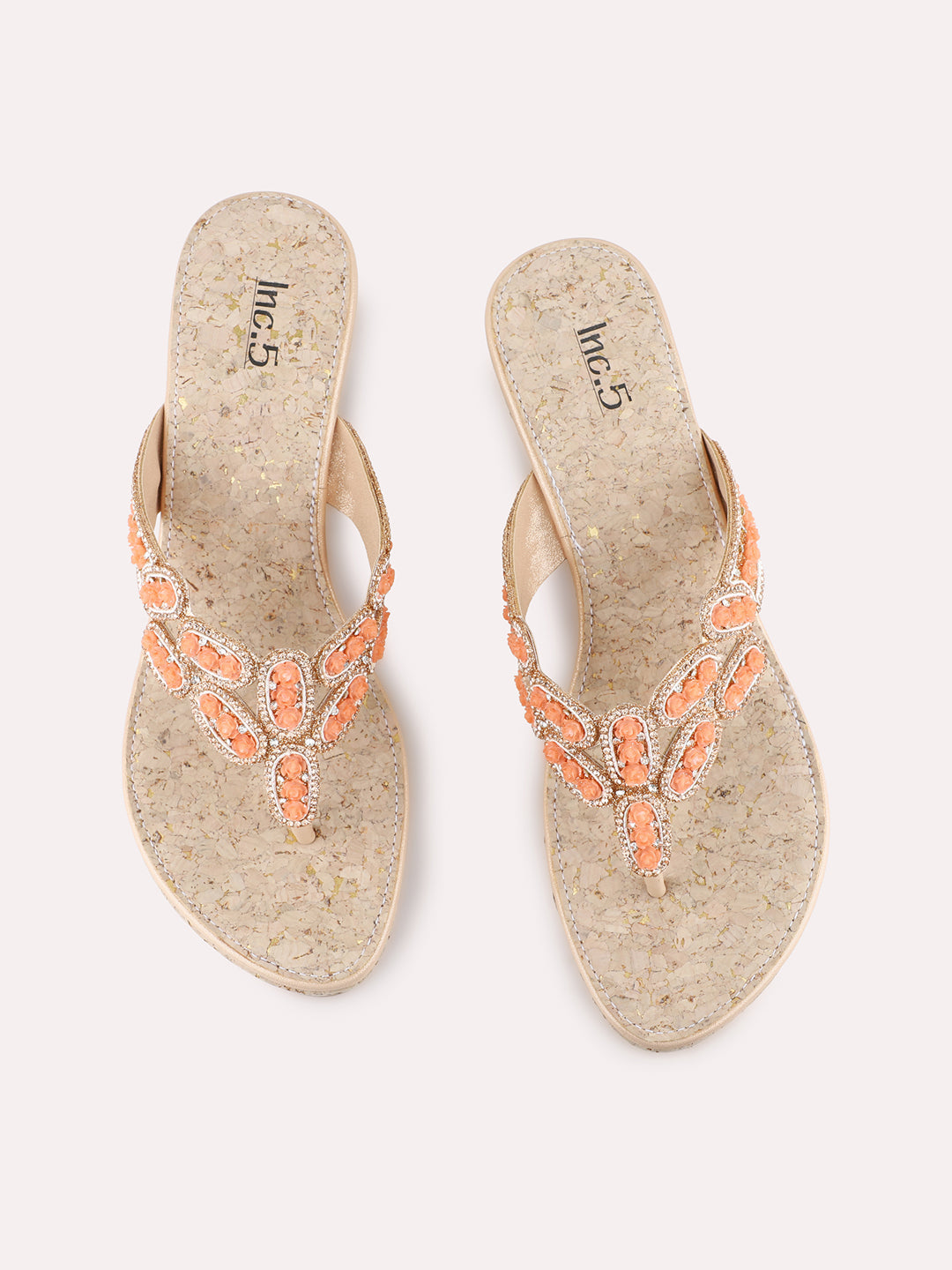 Womens Rose Gold Ethnic Embellished Round Toe Wedge Heel Sandals