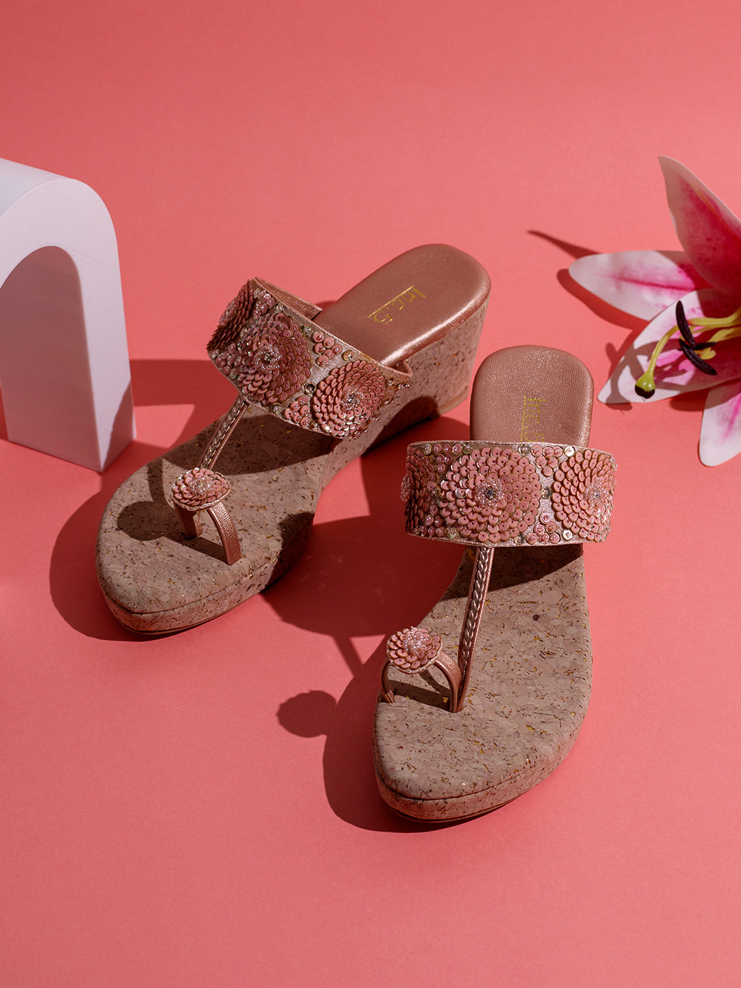 Womens Rose Gold Ethnic Embellished Round Toe Wedge Heel Sandals