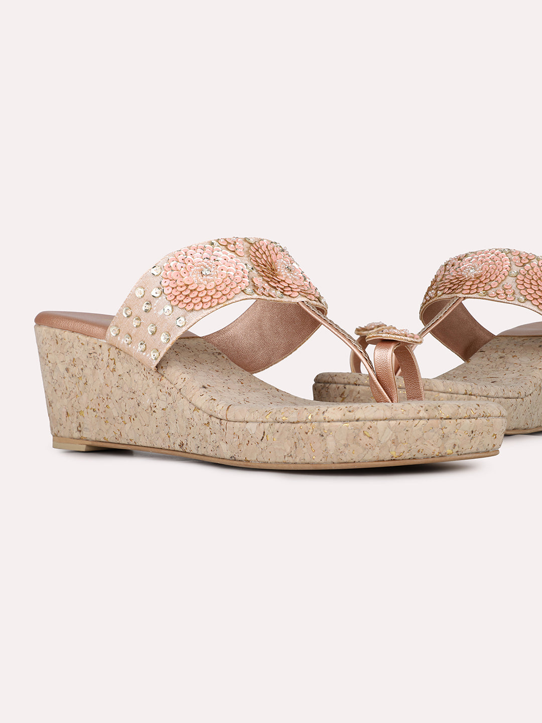 Womens Rose Gold Ethnic Embellished Round Toe Wedge Heel Sandals