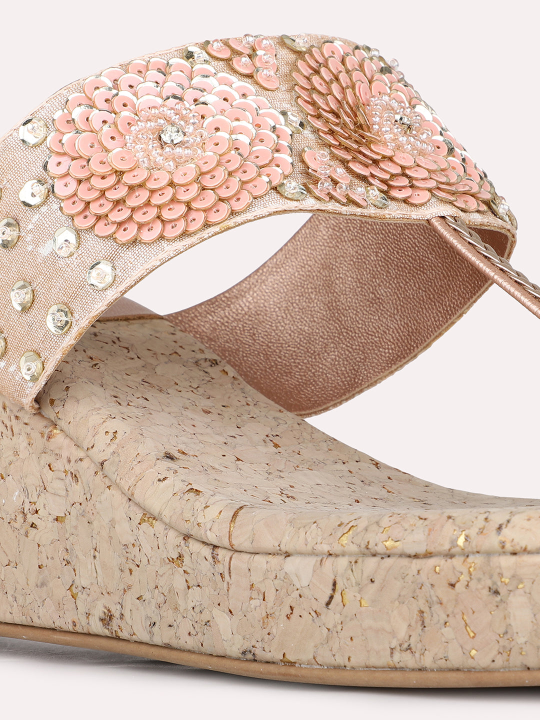 Womens Rose Gold Ethnic Embellished Round Toe Wedge Heels