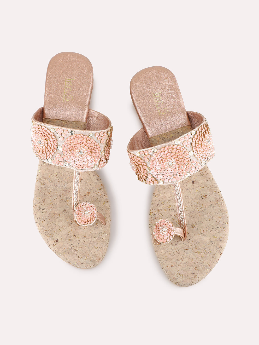 Womens Rose Gold Ethnic Embellished Round Toe Wedge Heels