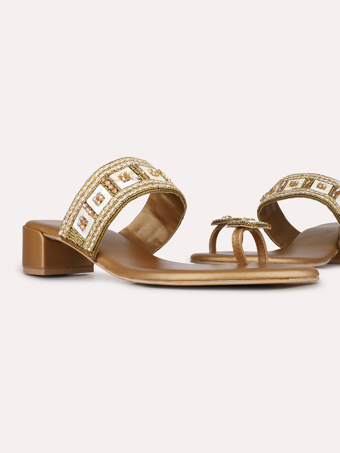 Womens Golden Ethnic Printed Toe Round Toe Block Heel Sandals