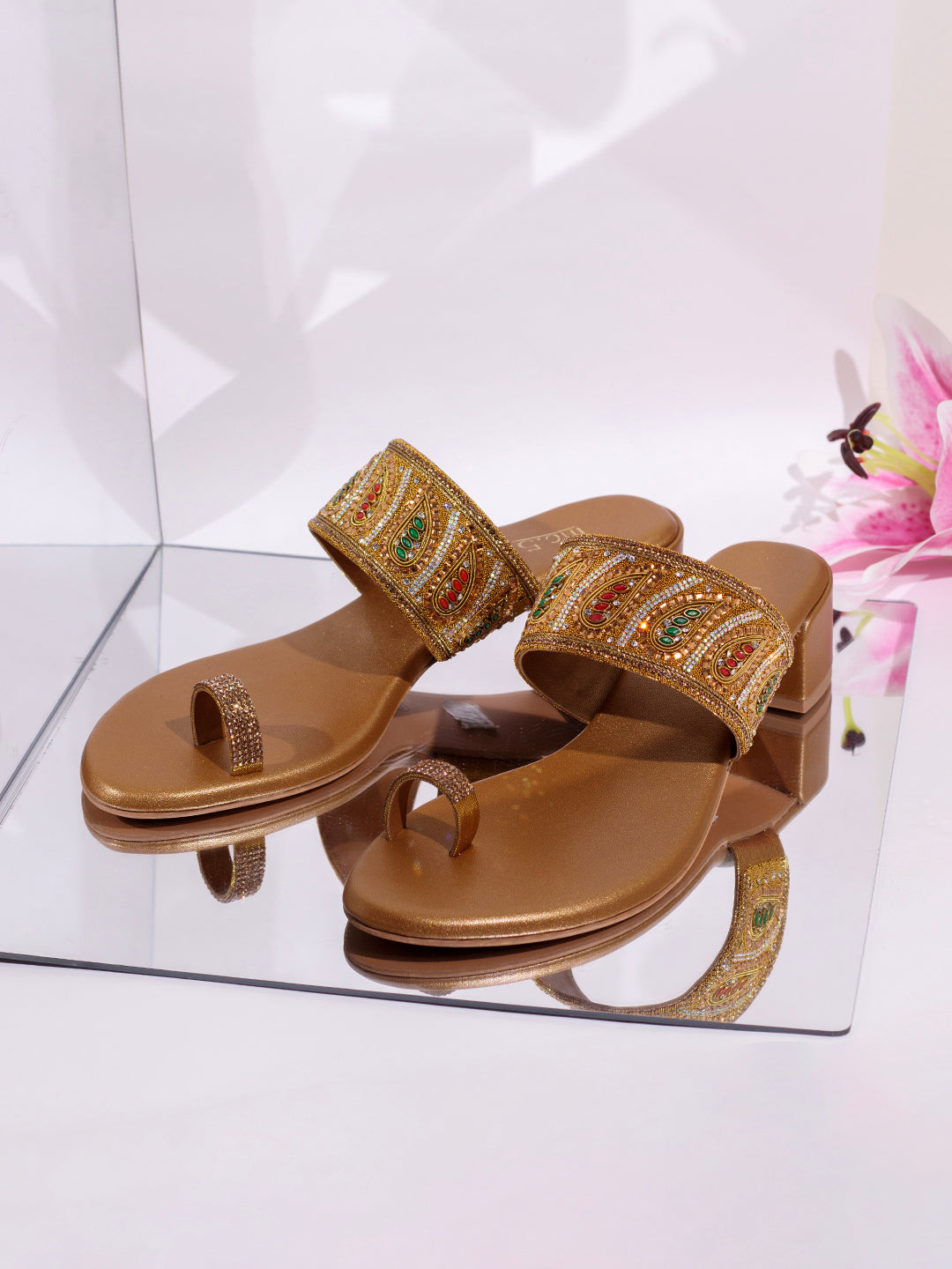 Womens Golden Ethnic Embellished Round Toe Block Heel Sandals