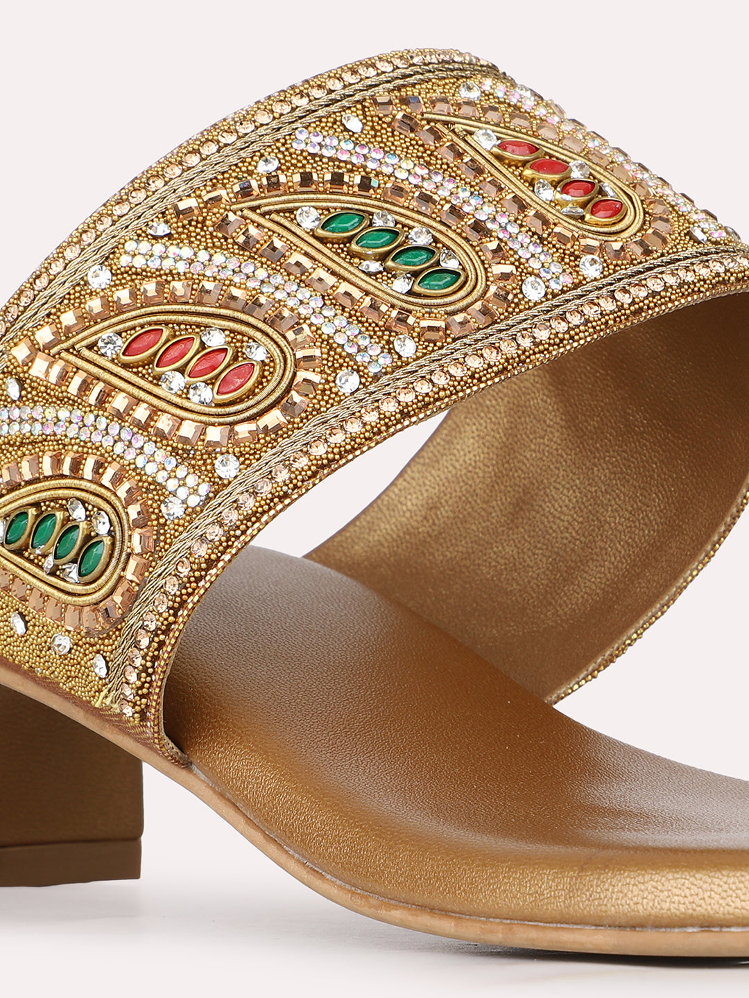 Womens Golden Ethnic Embellished Round Toe Block Heel Sandals