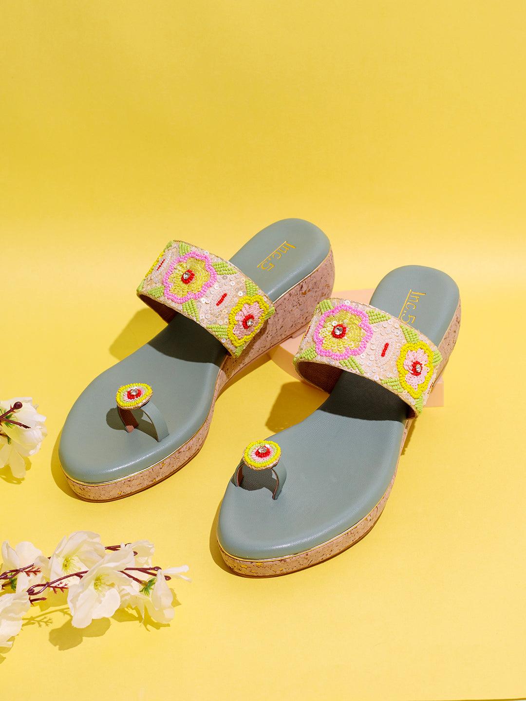 Womens Green Ethnic Embellished Round Toe Wedge Heel Sandals