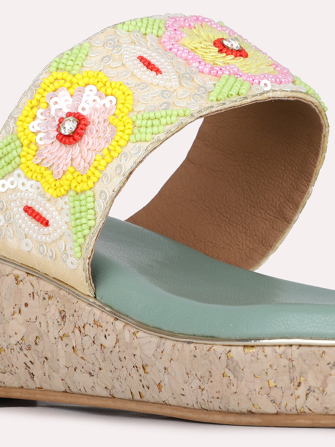 Womens Green Ethnic Embellished Round Toe Wedge Heel Sandals