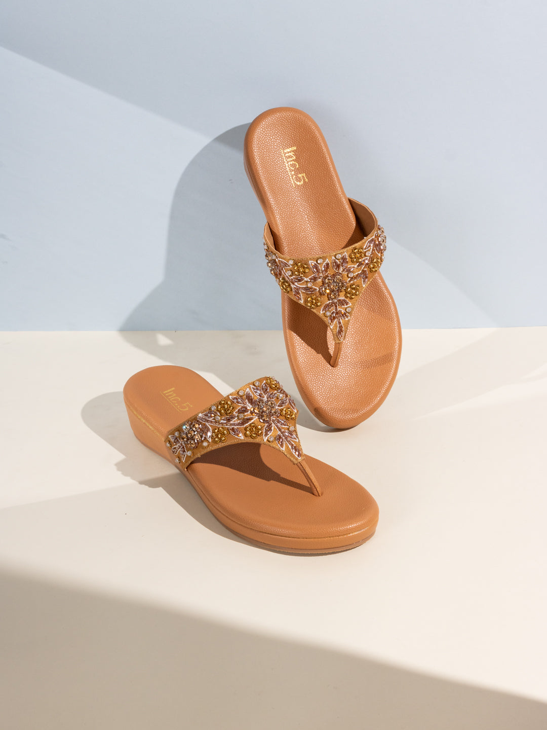 Womens Golden Ethnic Embellished T-Strap Flat Slip-On Sandals