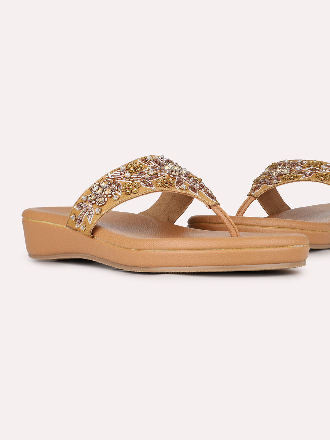 Womens Golden Ethnic Embellished T-Strap Flat Slip-On Sandals