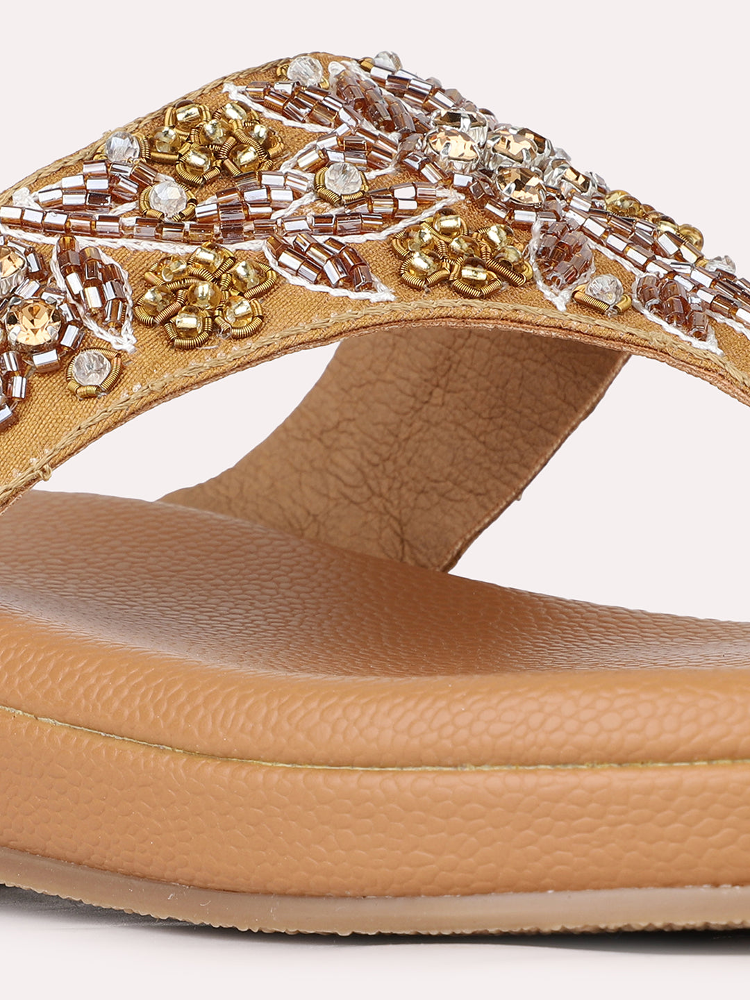 Womens Golden Ethnic Embellished T-Strap Flat Slip-On Sandals