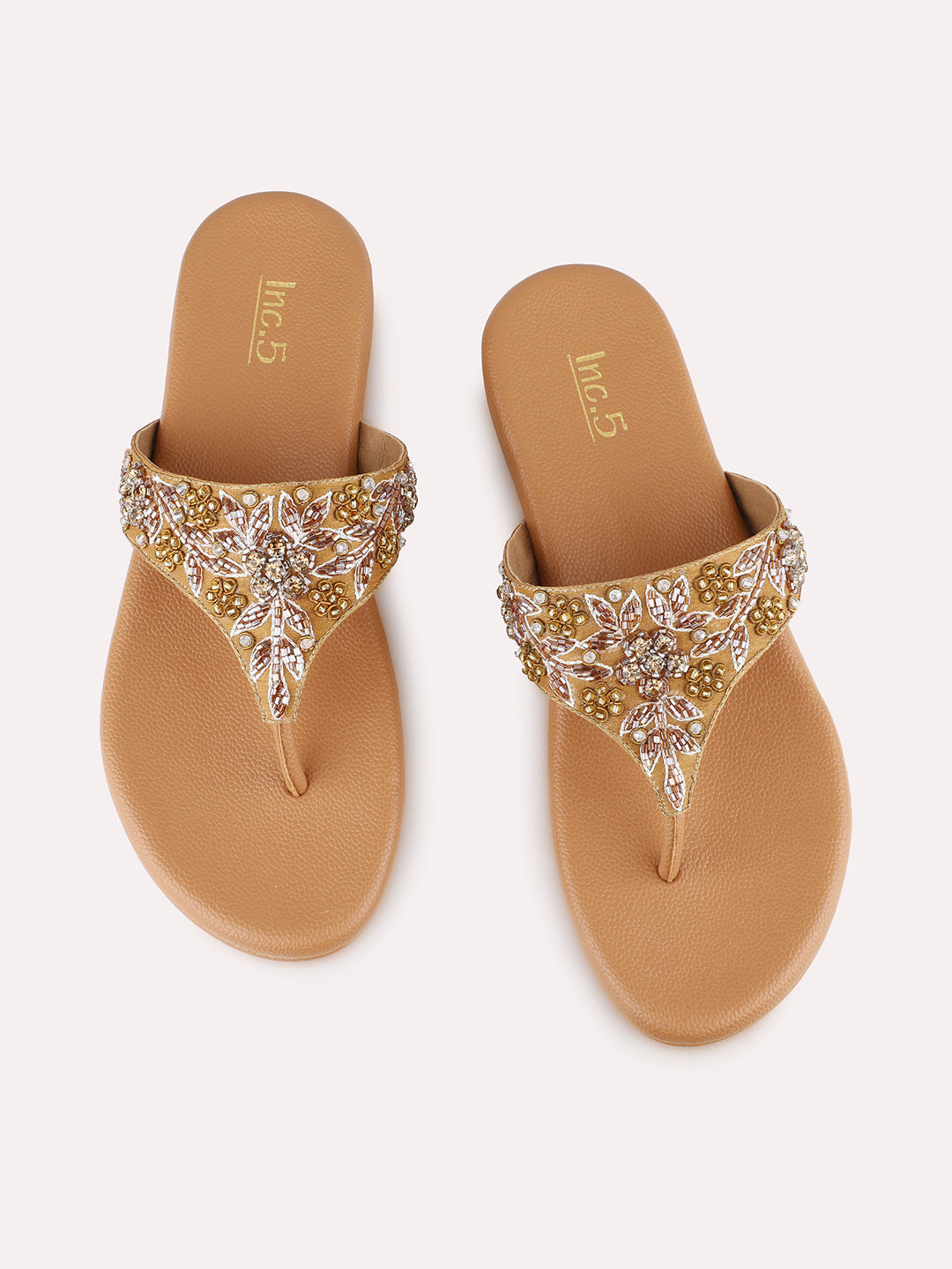 Womens Golden Ethnic Embellished T-Strap Flat Slip-On Sandals