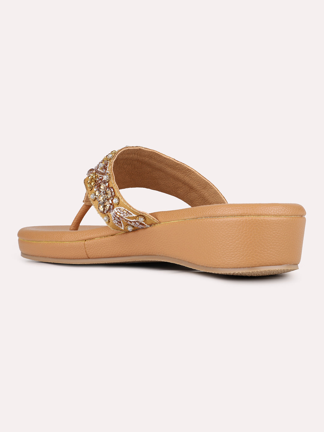 Womens Golden Ethnic Embellished T-Strap Flat Slip-On Sandals