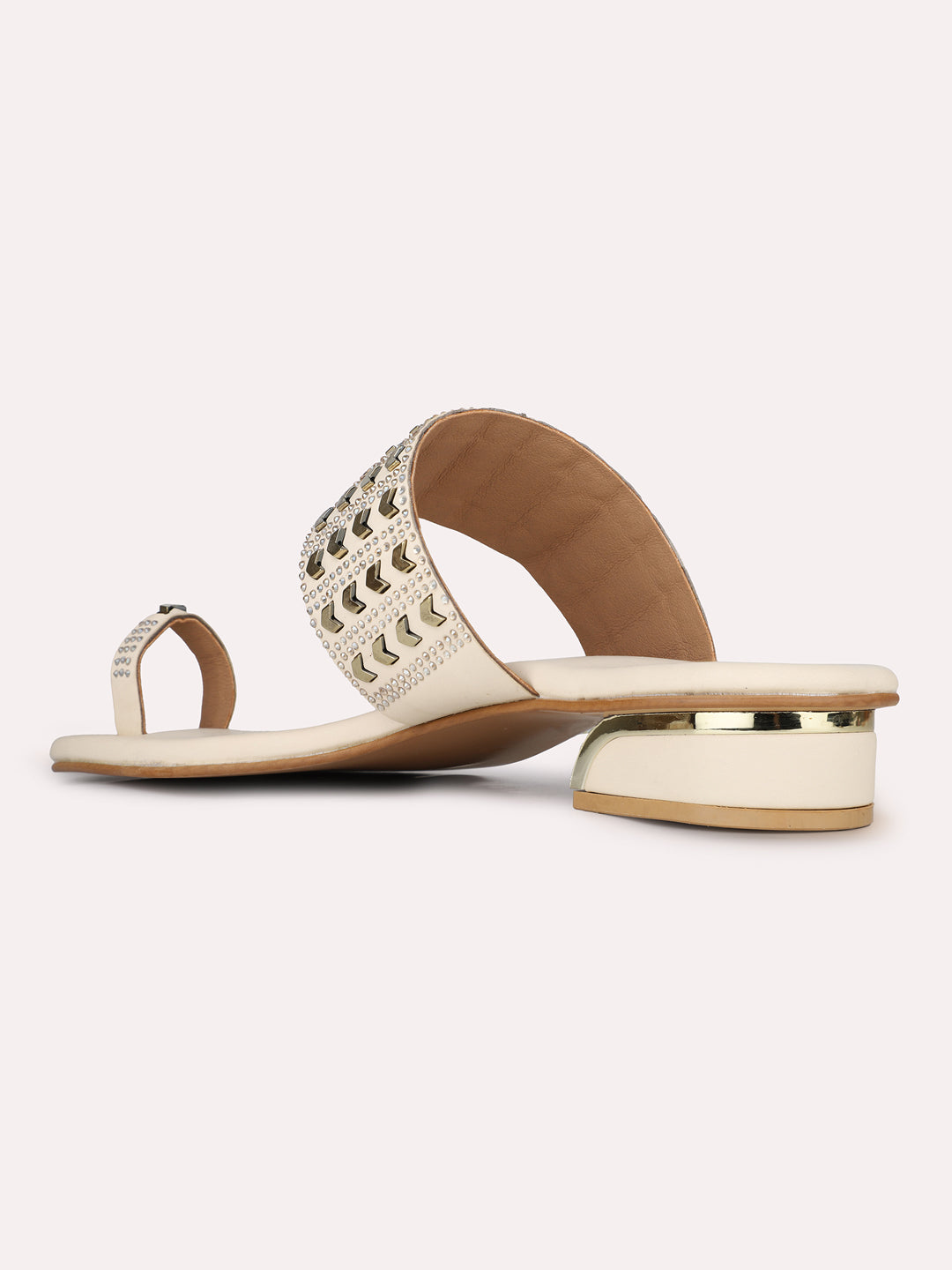 Womens Cream Ethnic Embellished Round Toe Block Heels