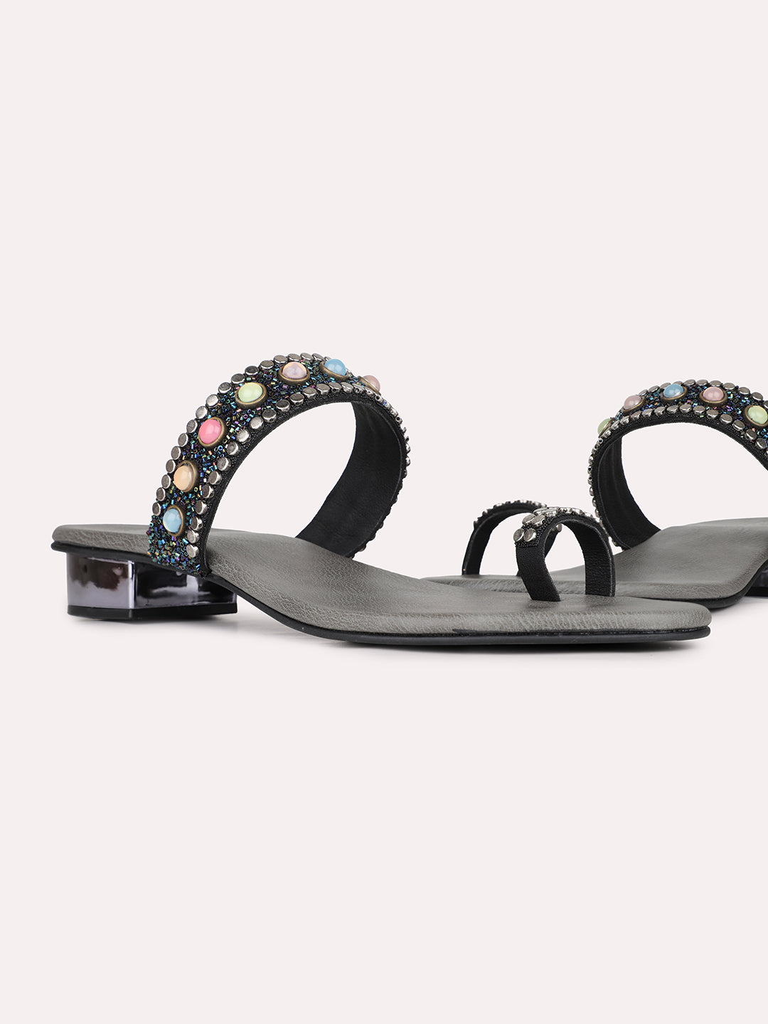 Womens Black Ethnic Embellished Round Toe Block Heel Sandals