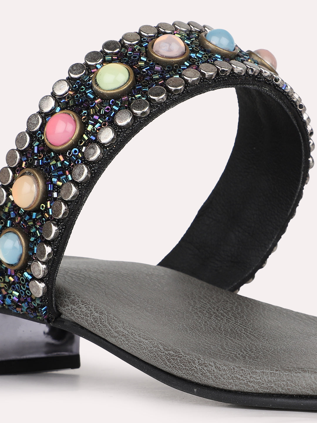 Womens Black Ethnic Embellished Round Toe Block Heel Sandals