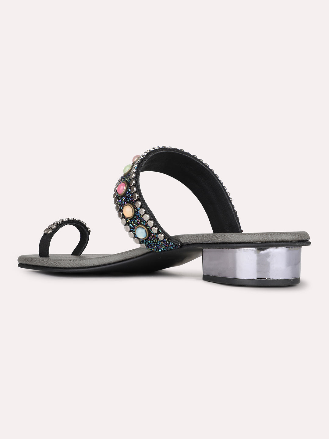 Womens Black Ethnic Embellished Round Toe Block Heel Sandals