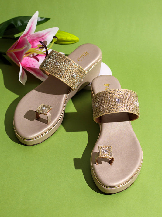 Womens Golden Ethnic Solid Round Toe Wedge Heels