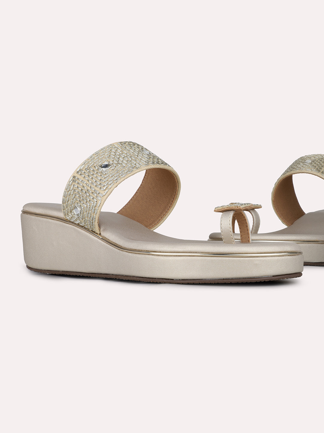 Womens Golden Ethnic Solid Round Toe Wedge Heel Sandals