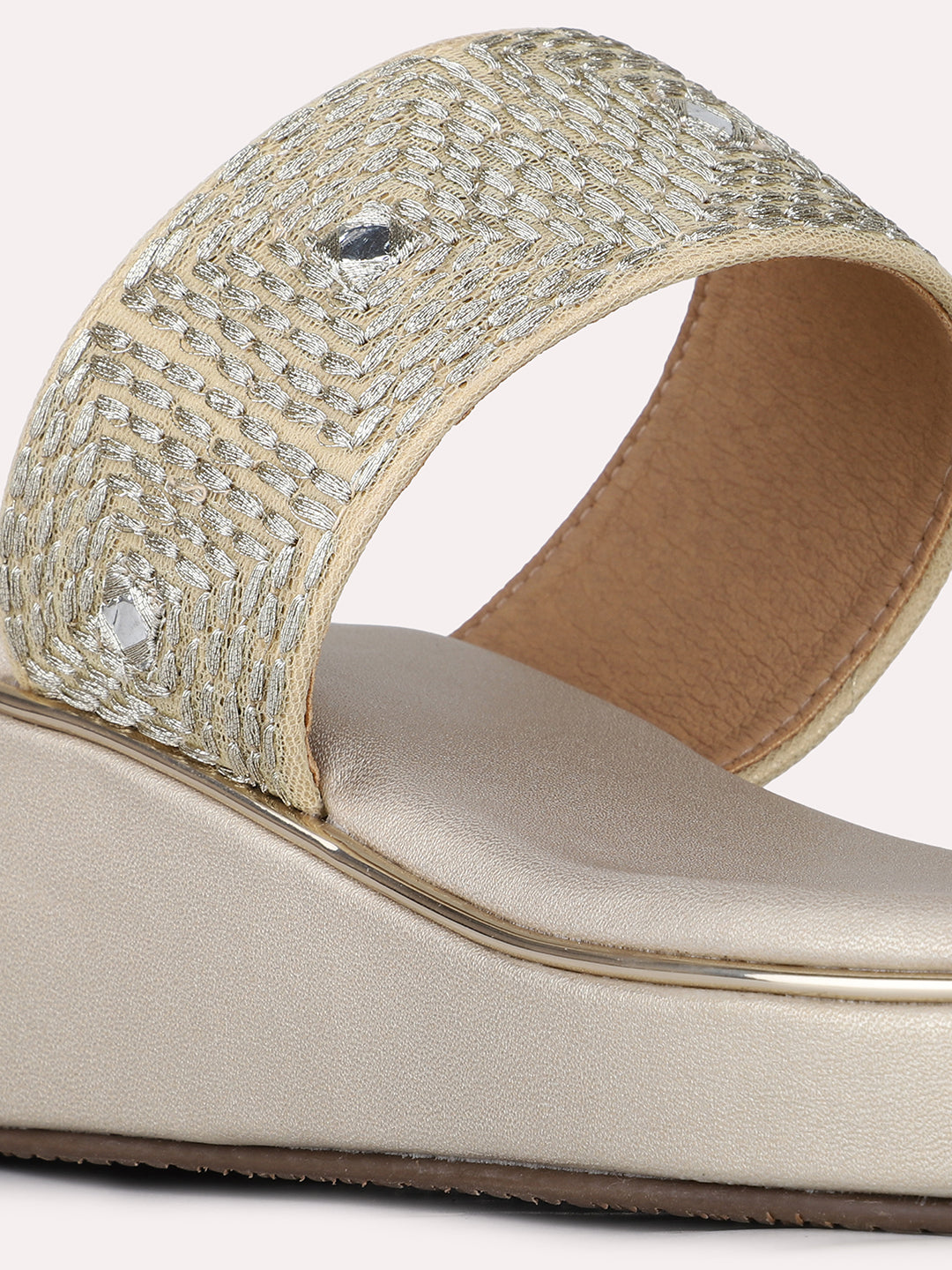 Womens Golden Ethnic Solid Round Toe Wedge Heel Sandals