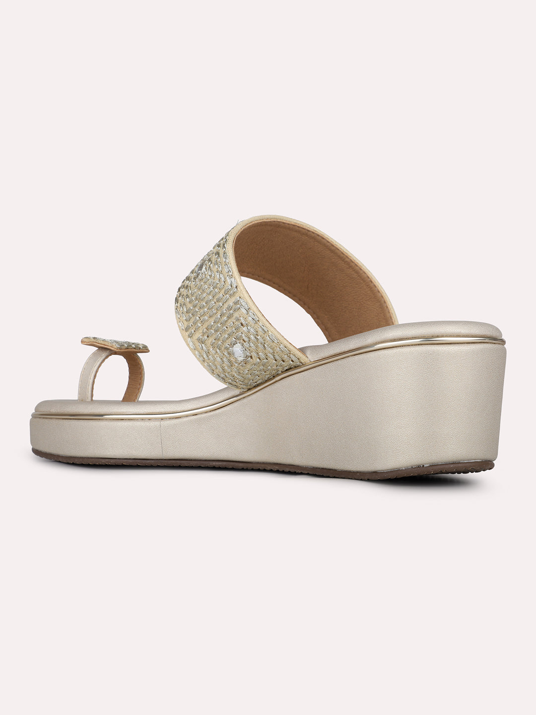 Womens Golden Ethnic Solid Round Toe Wedge Heels