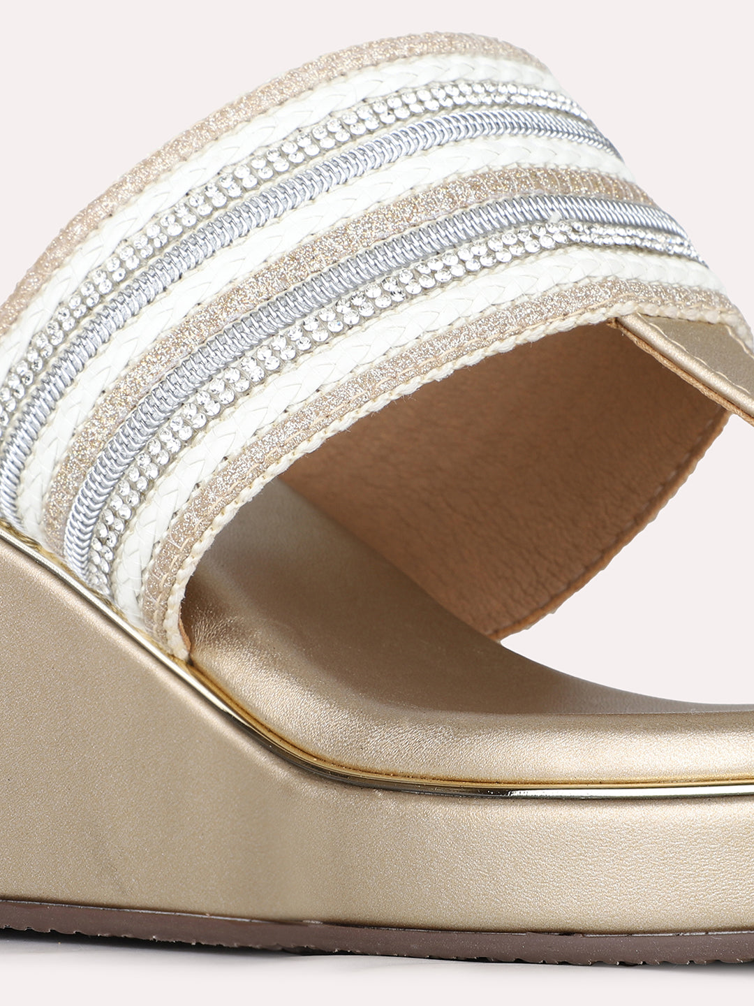 Womens Golden Ethnic Embellished Round Toe Wedge Heels