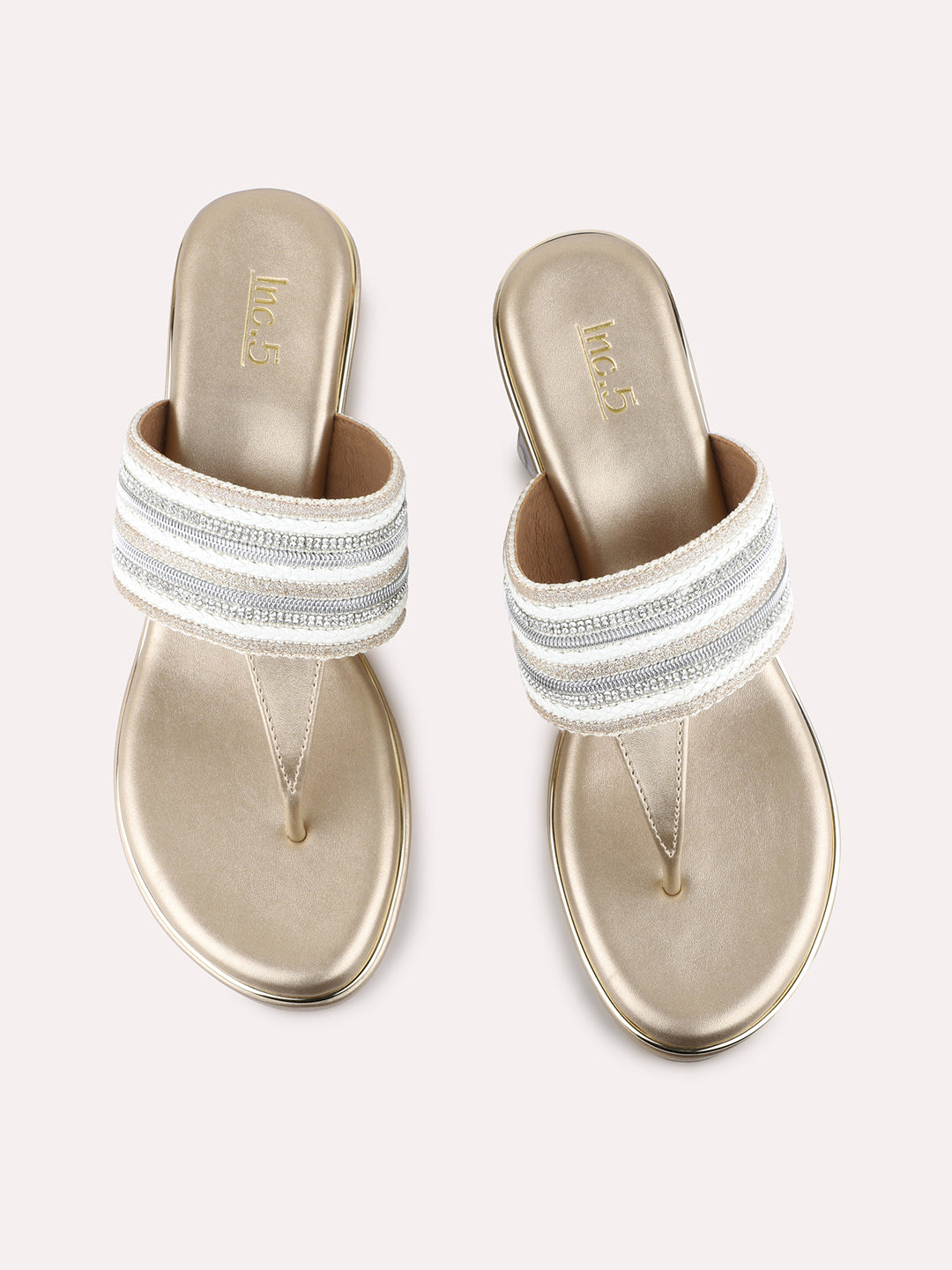 Womens Golden Ethnic Embellished Round Toe Wedge Heels