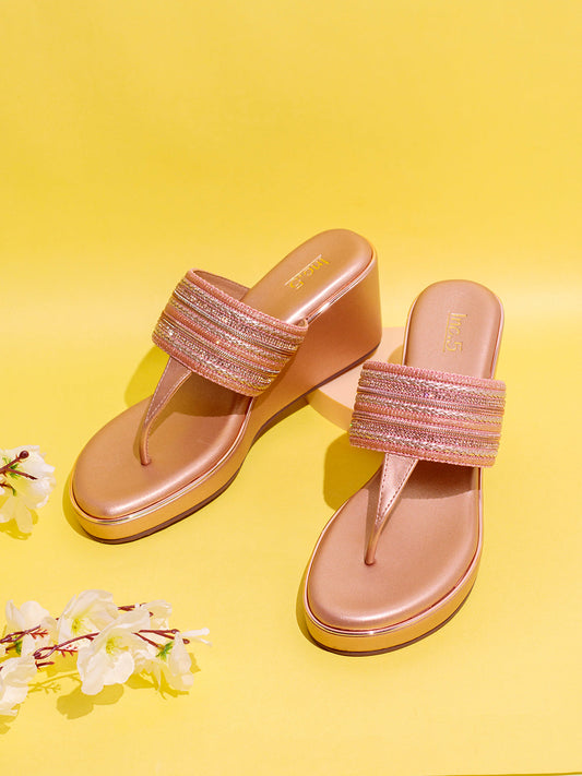 Womens Rose Gold Ethnic Embellished Round Toe Wedge Heels