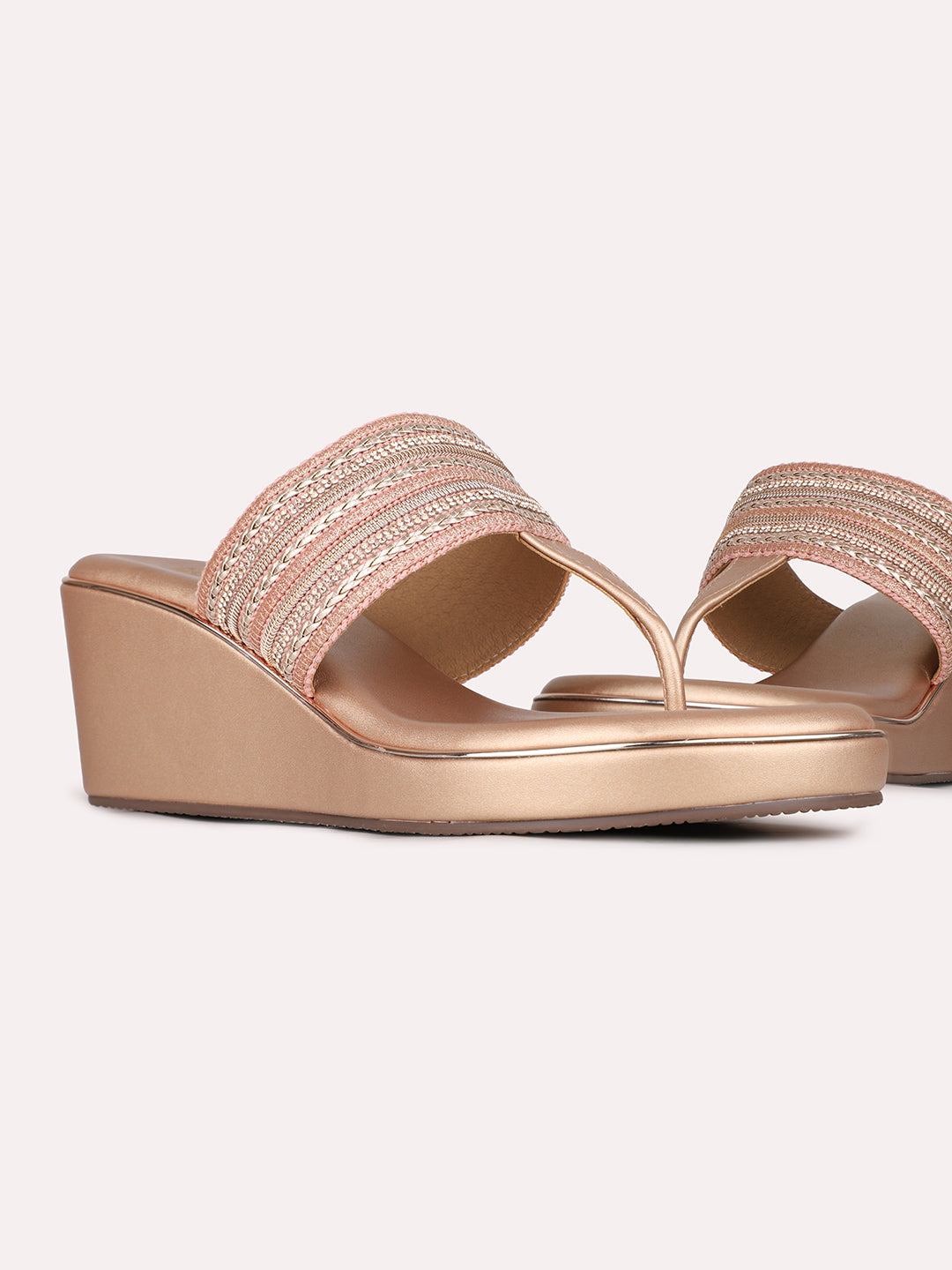 Womens Rose Gold Ethnic Embellished Round Toe Wedge Heel Sandals