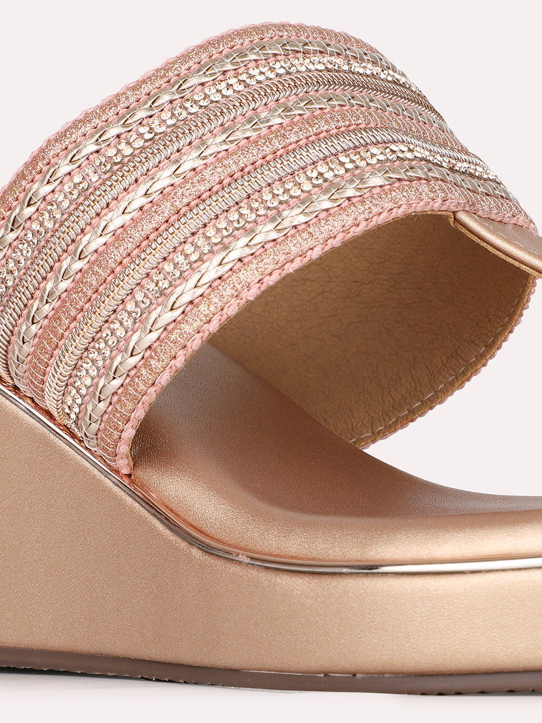 Womens Rose Gold Ethnic Embellished Round Toe Wedge Heels