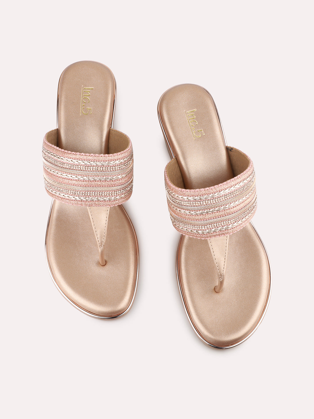 Womens Rose Gold Ethnic Embellished Round Toe Wedge Heel Sandals