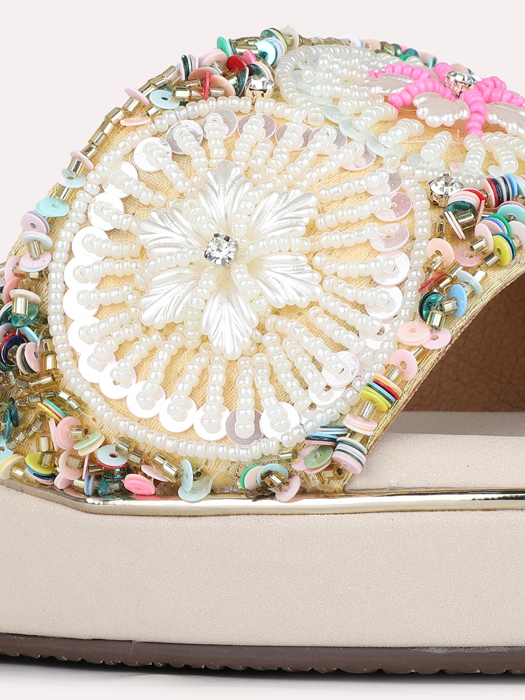 Womens Golden Ethnic Embellished Round Toe Wedge Heels
