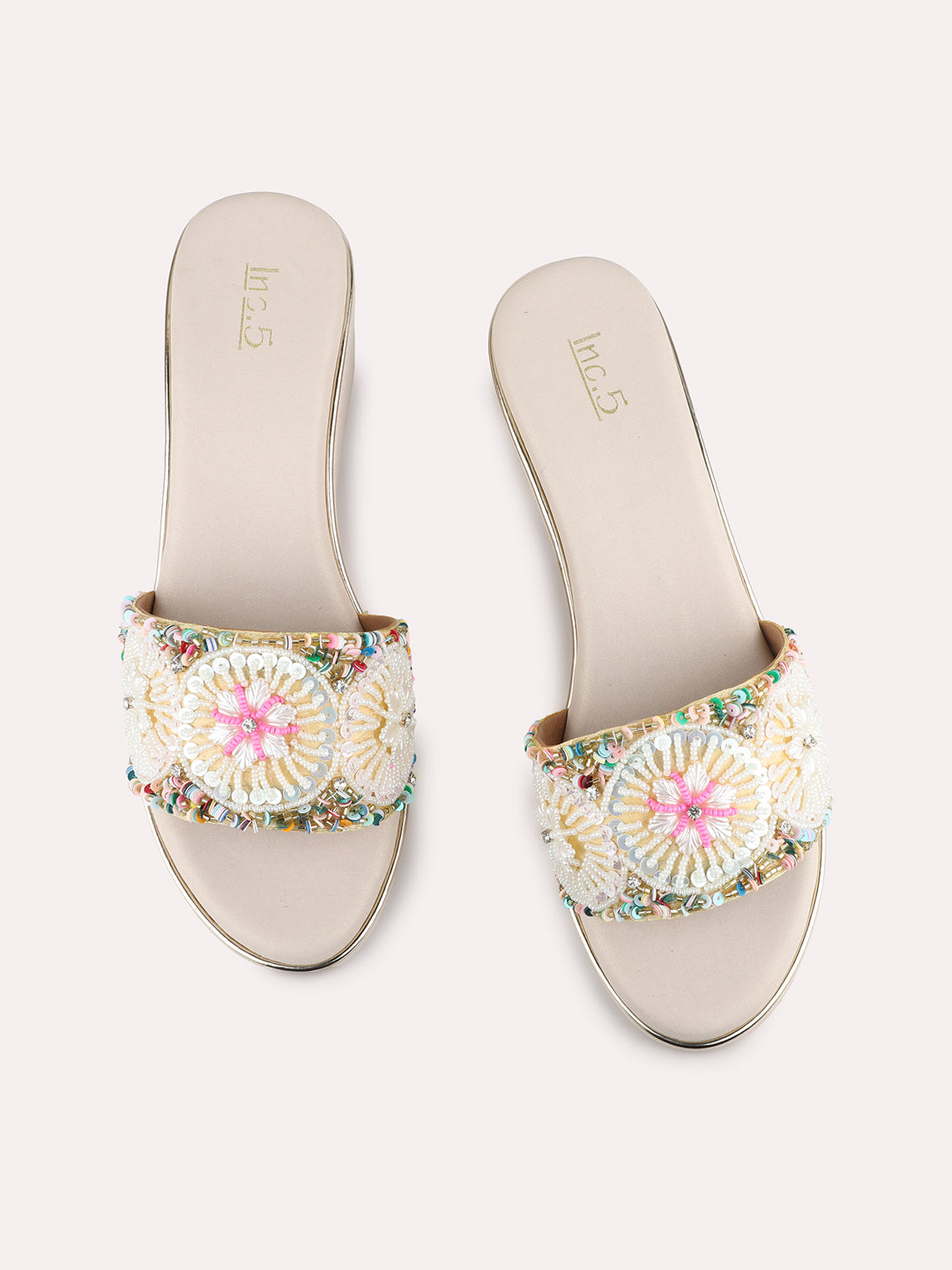 Womens Golden Ethnic Embellished Round Toe Wedge Heels