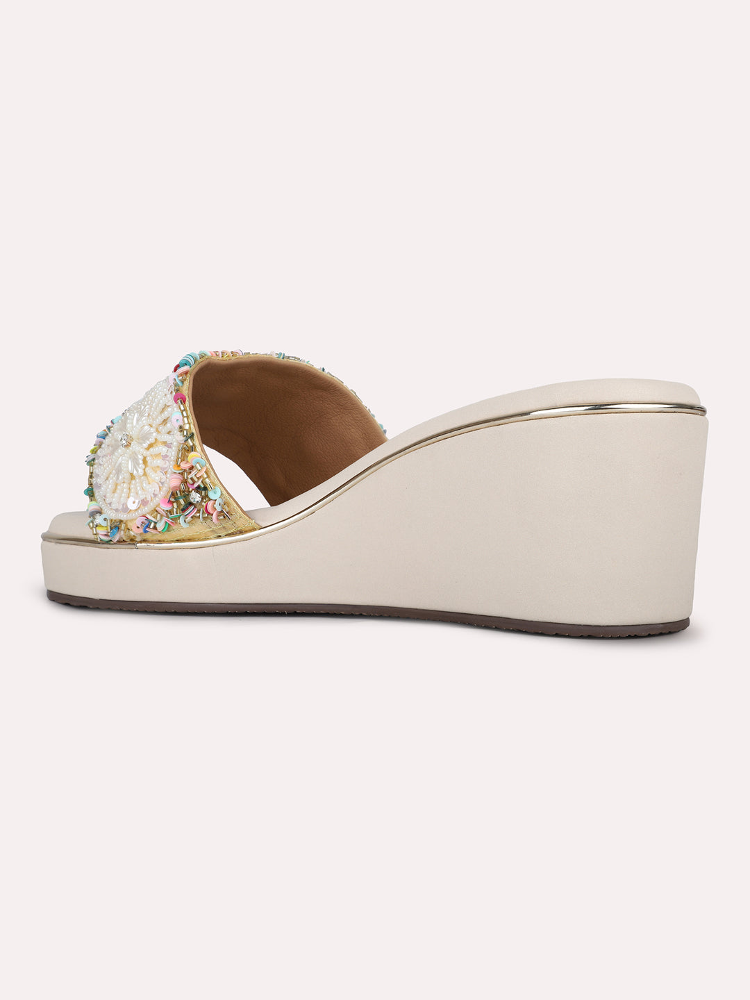 Womens Golden Ethnic Embellished Round Toe Wedge Heels
