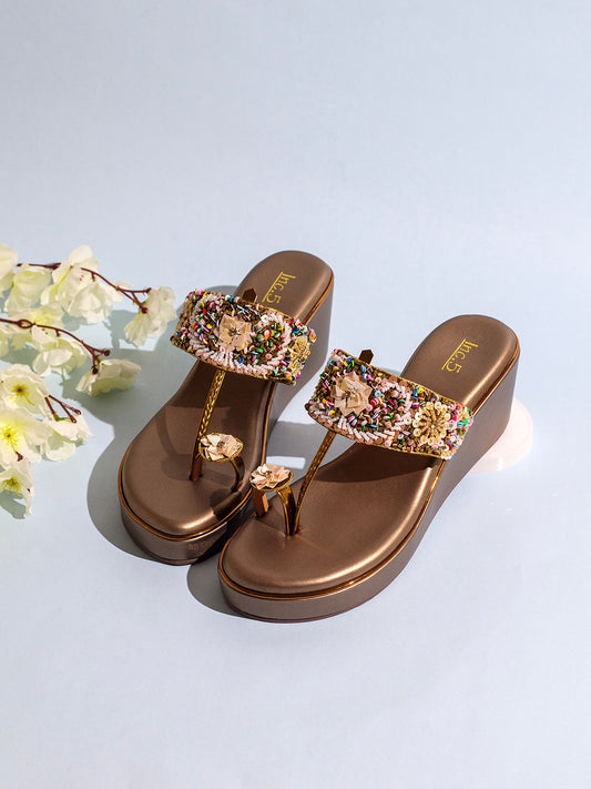Womens Golden Ethnic Embellished Round Toe Wedge Heels