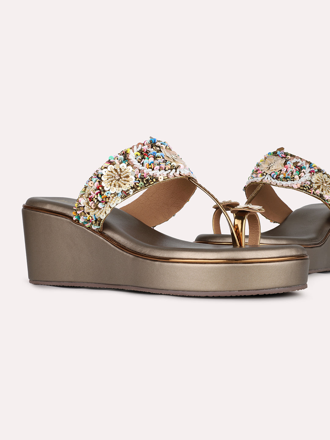 Womens Golden Ethnic Embellished Round Toe Wedge Heel Sandals