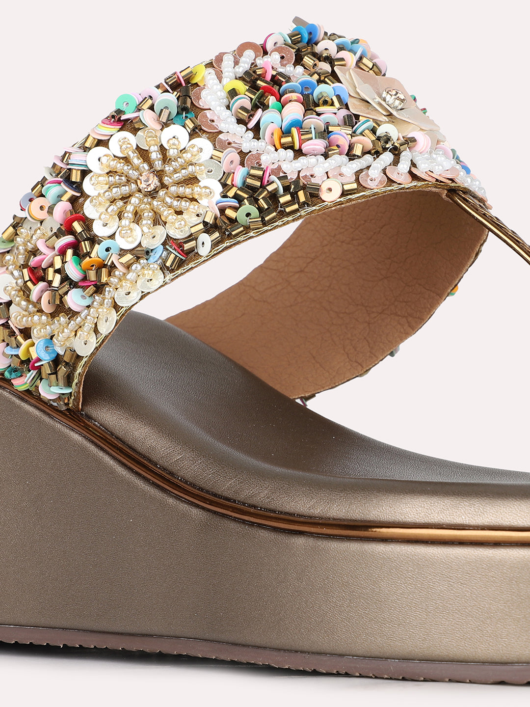 Womens Golden Ethnic Embellished Round Toe Wedge Heels