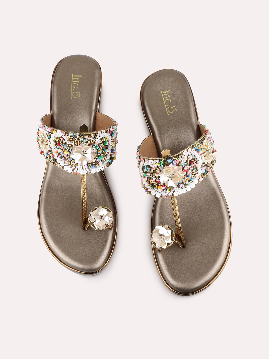 Womens Golden Ethnic Embellished Round Toe Wedge Heels