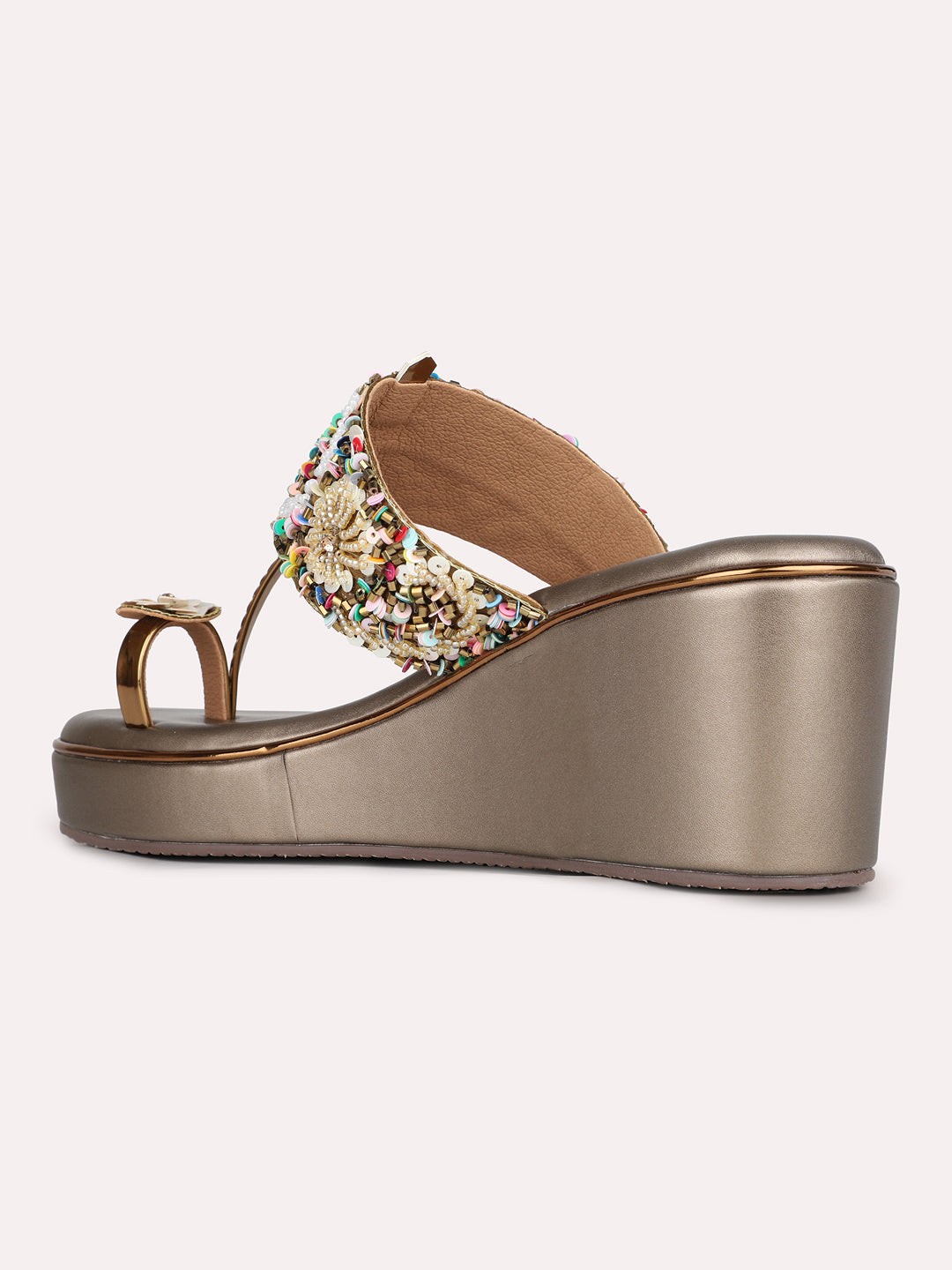 Womens Golden Ethnic Embellished Round Toe Wedge Heels