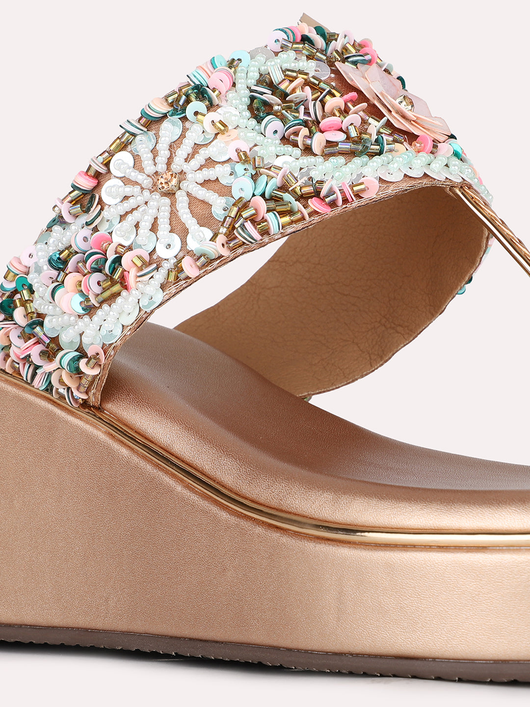 Womens Rose Gold Ethnic Embellished Round Toe Wedge Heels